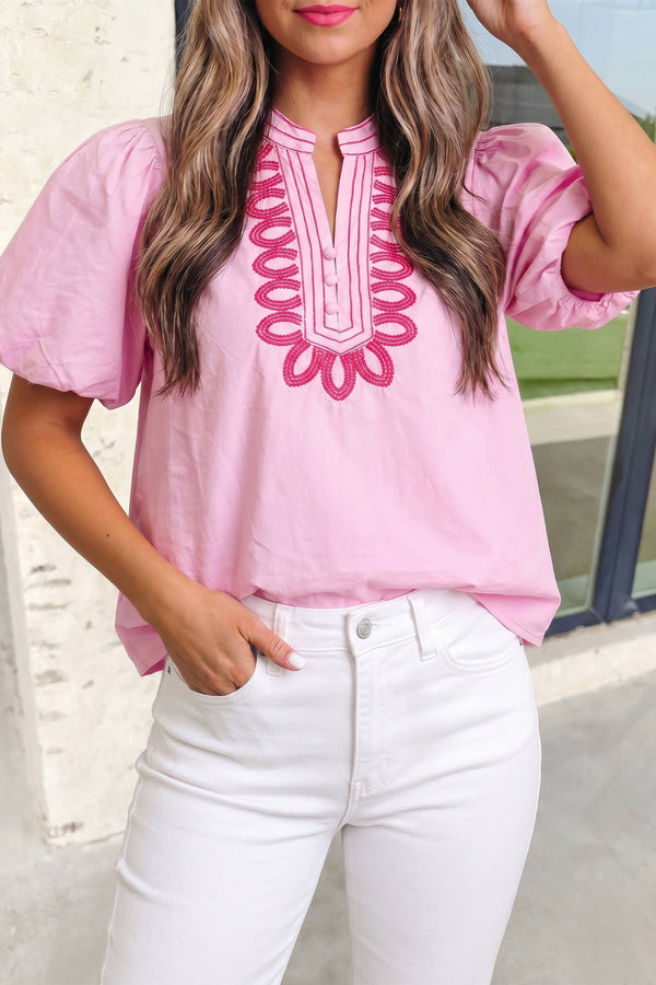 Solid Embroidered Detail Puff Sleeve Blouse