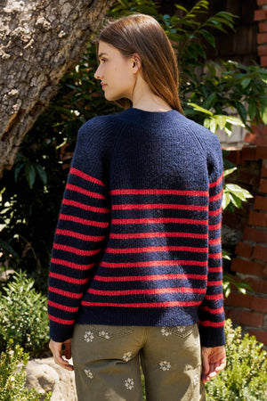 Striped Mock Neck Sweater with Gold Buttons