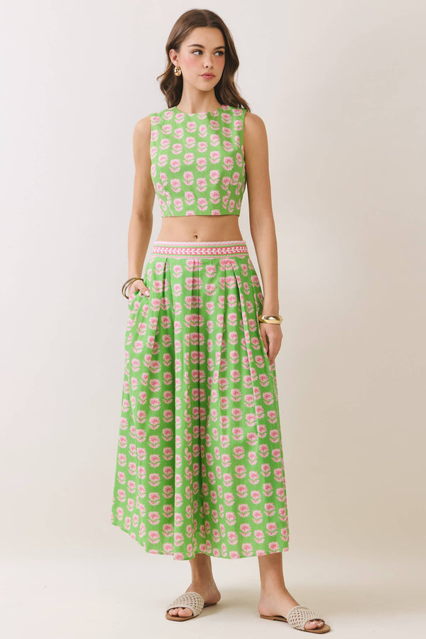 Floral Print Contrast Trim Detail Midi Skirt Set