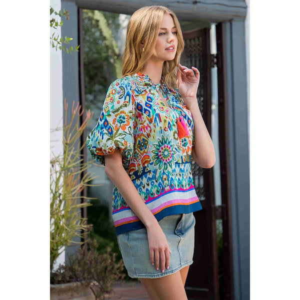 Smocked Shoulder Tassel Tie Print Top