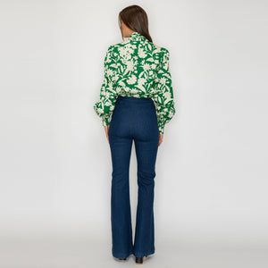 Rich Green Jacobean Print Bow Tie  Blouse
