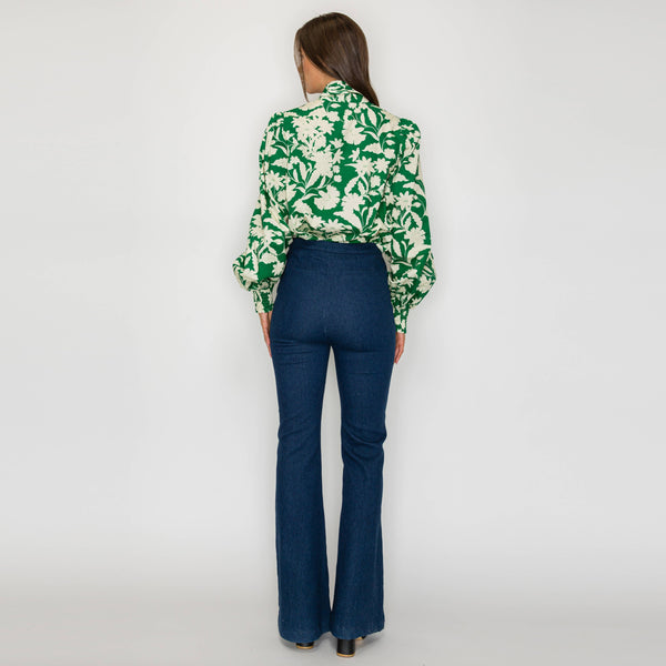 Rich Green Jacobean Print Bow Tie  Blouse