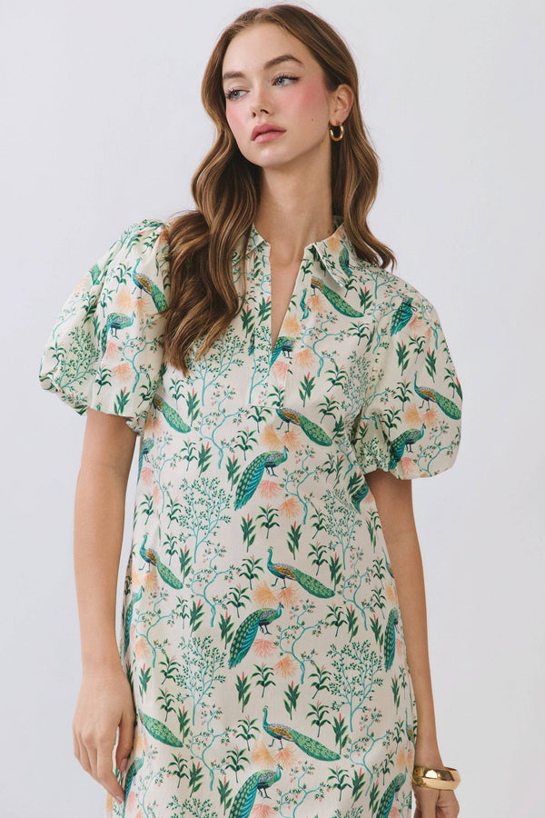 Peacock Print Puff Sleeve Midi Dress