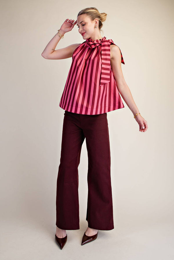 Ruffle Neck Tie Sleeveless Stripe Top