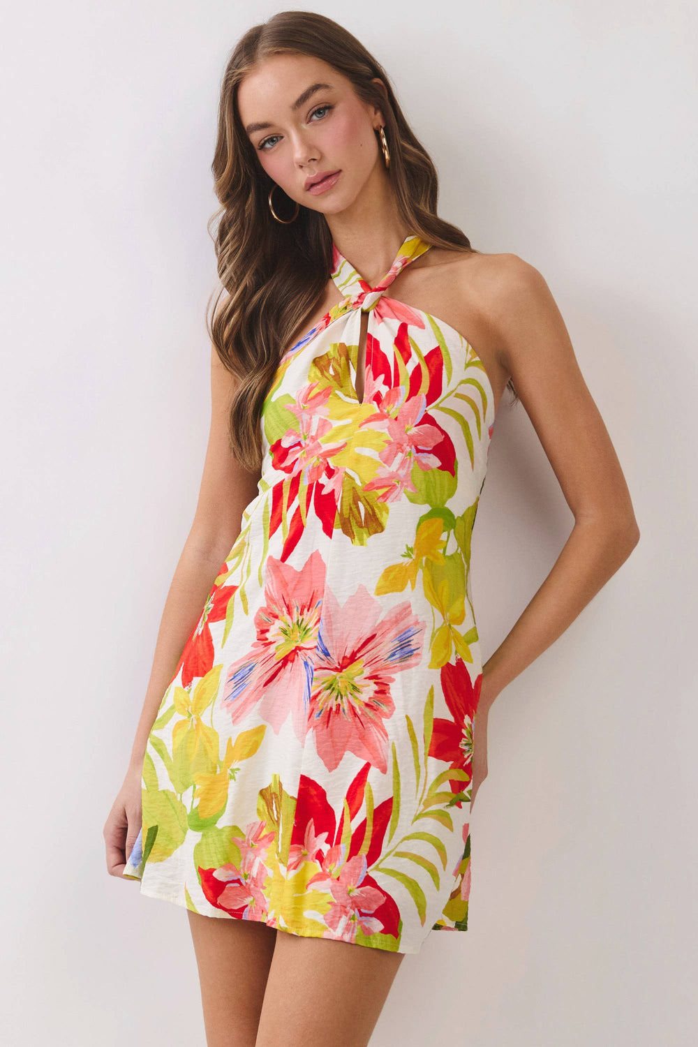 Tropical Floral Print Halter Mini Dress