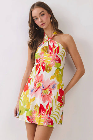 Tropical Floral Print Halter Mini Dress