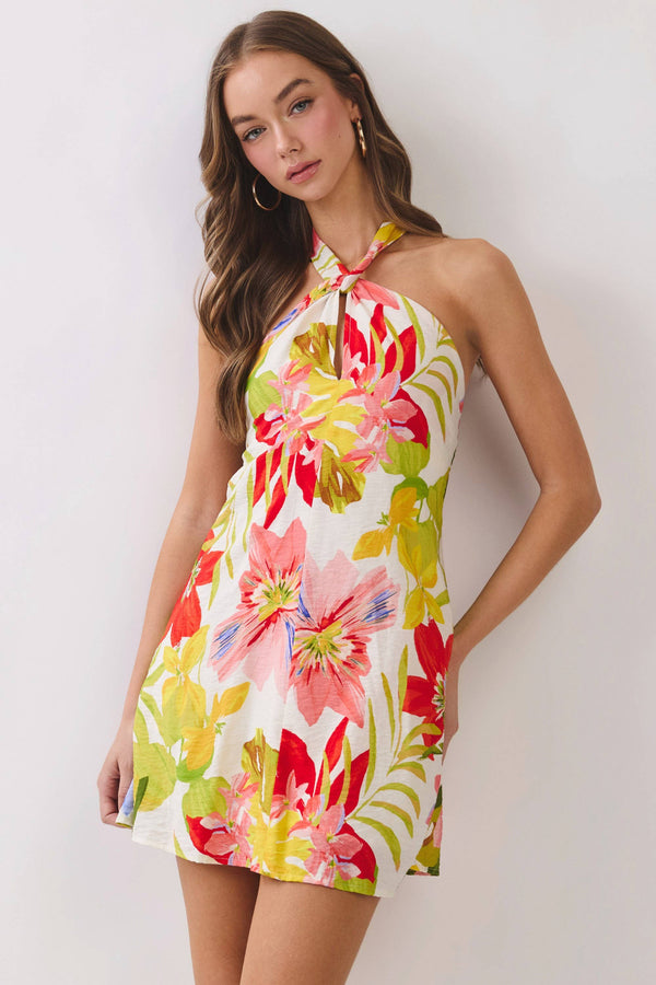 Tropical Floral Print Halter Mini Dress