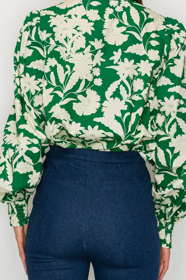Rich Green Jacobean Print Bow Tie  Blouse