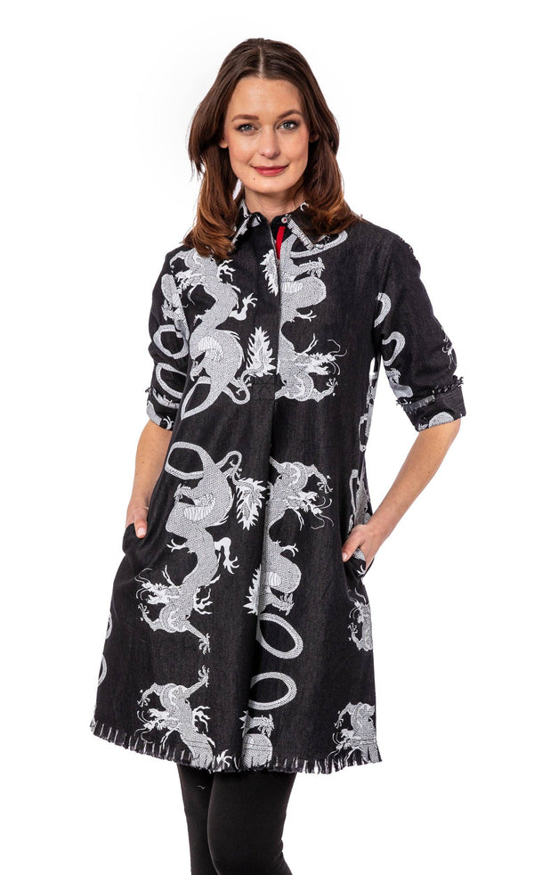 Chatham Dress Black Denim Dragons