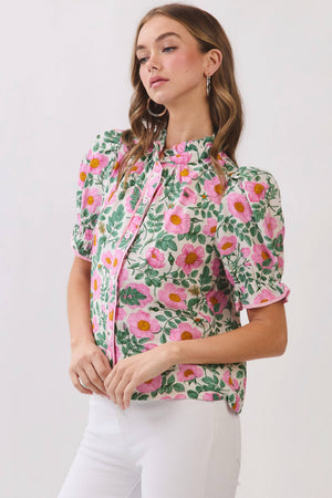 Floral Print Button Down Puff Sleeve Blouse