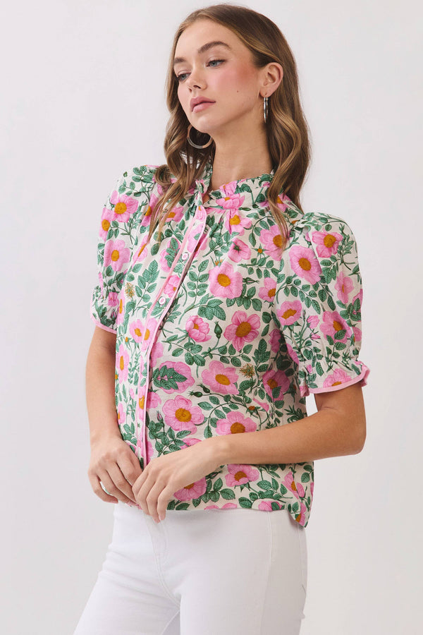 Floral Print Button Down Puff Sleeve Blouse