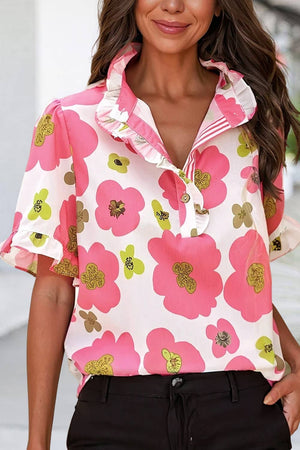 Sassy Floral Ruffle Striped Collar Summer Blouse