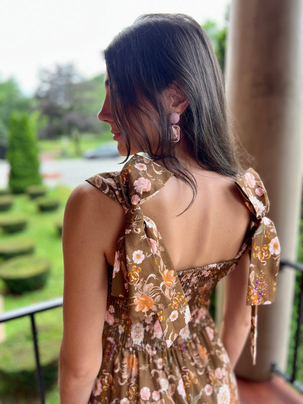 Emma Bow Maxi Dress | Brown Chinoiserie