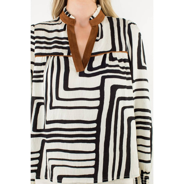 Abstract Print Long Sleeve V-Neck Top