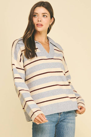 STRIPED V-NECK KNIT SWEATER - 7508W