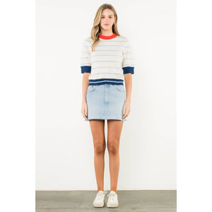 Colorblock Rib Trim Striped Knit Top