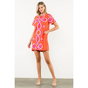 Embroidered Short Sleeve Mini Dress