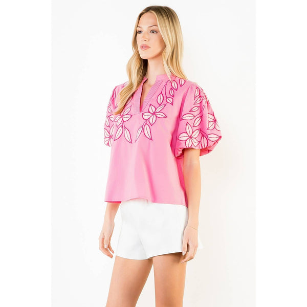 Embroidered Puff Sleeve Split Neck Top
