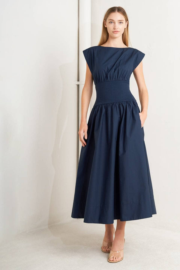 A Solid Woven Midi Dress - Navy