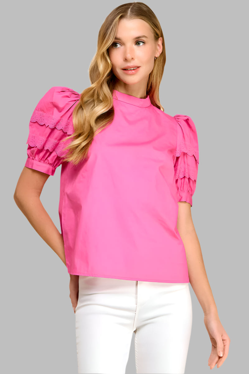 Puffed Sleeves Lace Detail Poplin Top