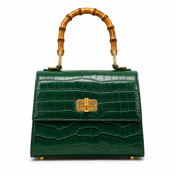 CrocEmbossed Faux Leather Bamboo Handle Crossbody Bag