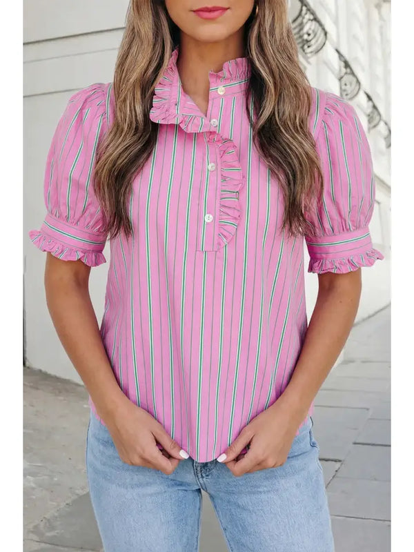 Striped Print Ruffle Neck Blouse