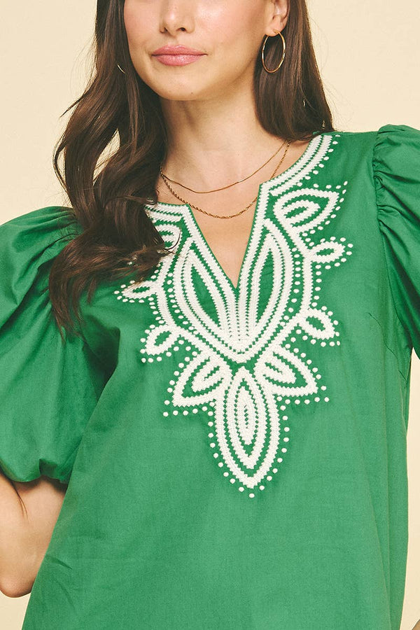 Embroidered Detail Mini Dress - Green