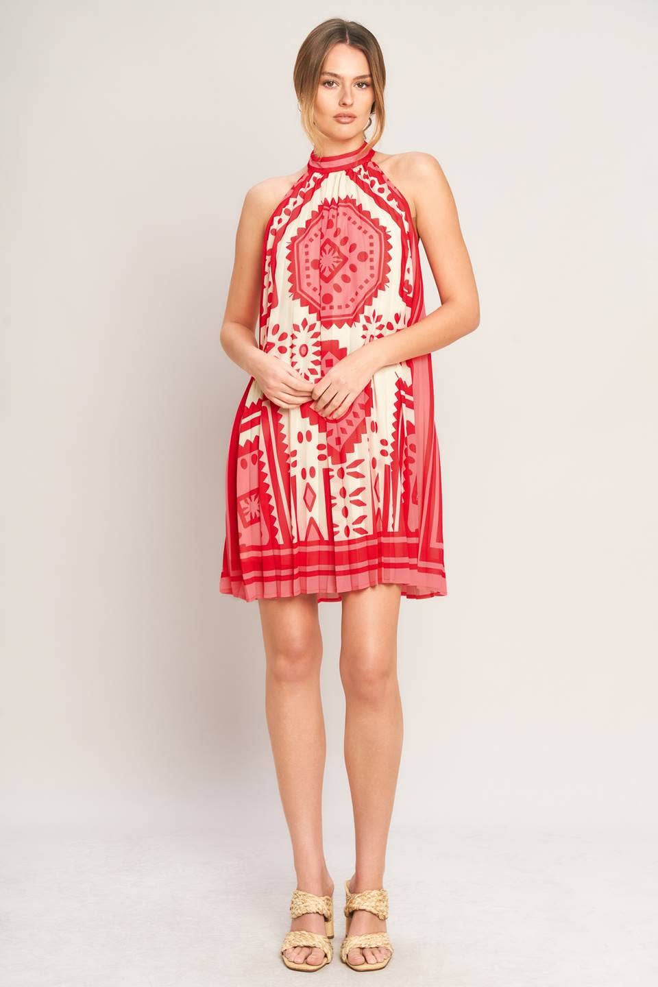 A Printed Woven Mini Dress - Pink