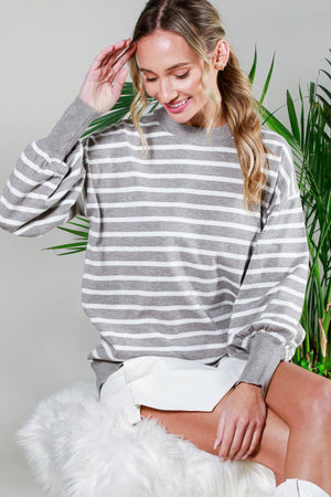 Striped Long Balloon Sleeve Knitted Sweater Top