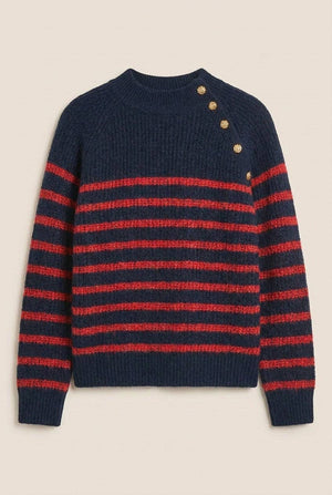 Striped Mock Neck Sweater with Gold Buttons