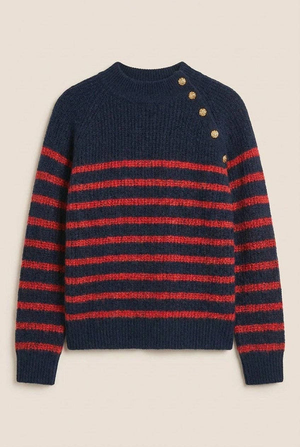 Striped Mock Neck Sweater with Gold Buttons