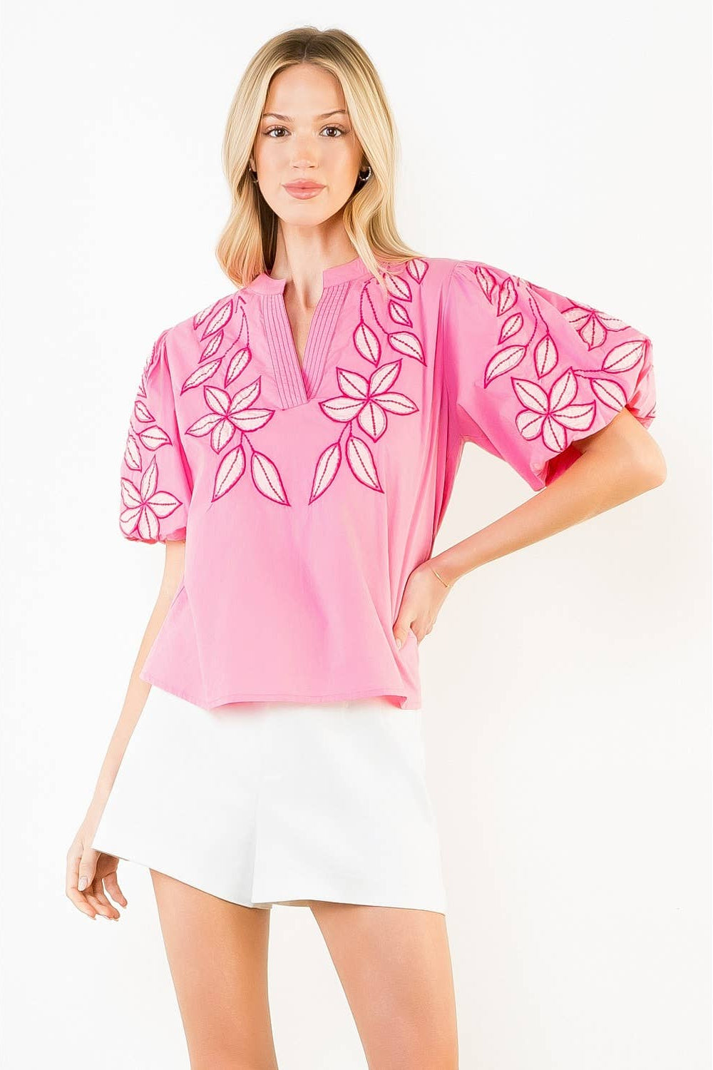 Embroidered Puff Sleeve Split Neck Top