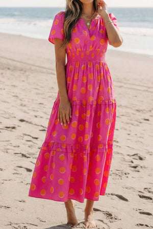Polka Dot Shirred Short Sleeve Maxi Dress