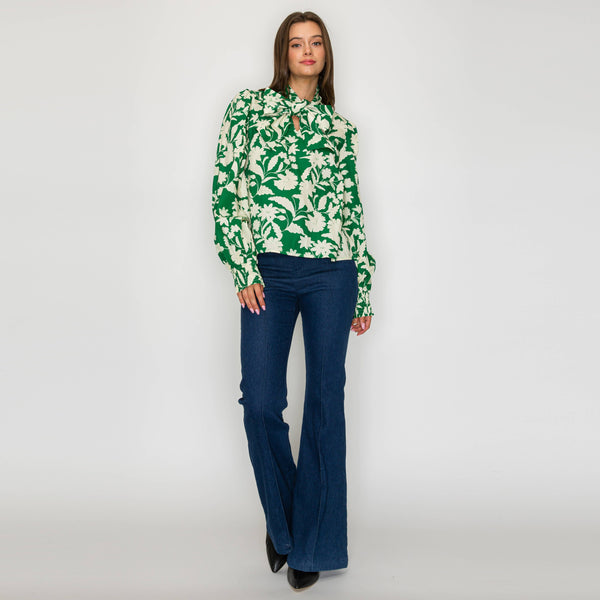 Rich Green Jacobean Print Bow Tie  Blouse