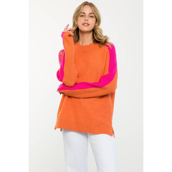 Orange/Hot Pink Colorblock Sleeve Sweater