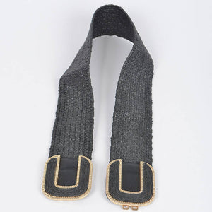 Faux Straw Two Buckles Elastic Belt