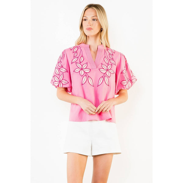 Embroidered Puff Sleeve Split Neck Top