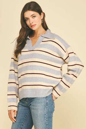 STRIPED V-NECK KNIT SWEATER - 7508W