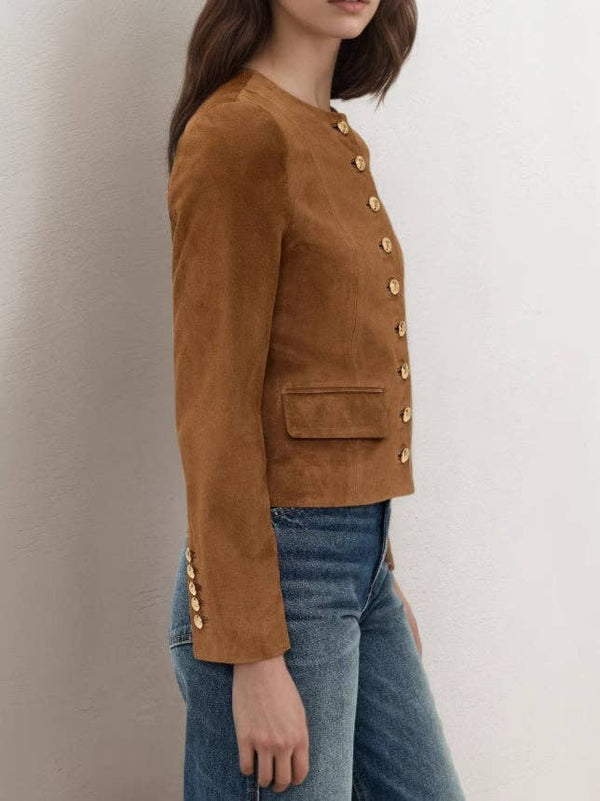 Suede Single Button Crop Coat Mid Heavy Brown