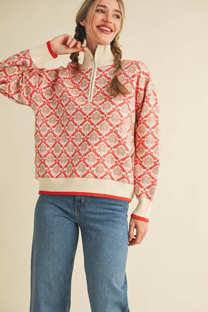Floral Mock Neck Half Zip Pullover
