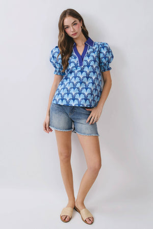 Geometric Print Contrast Collar Puff Sleeve Blouse
