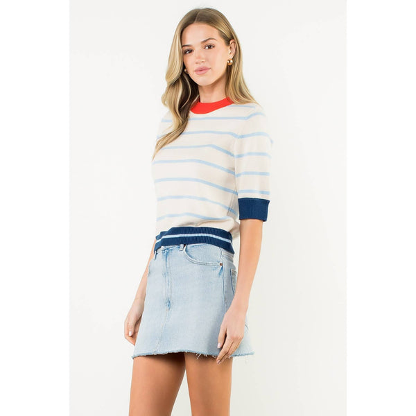 Colorblock Rib Trim Striped Knit Top