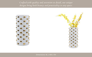 Vase - White/Gold Ceramic Raised Rectangular Stud, 11 in.