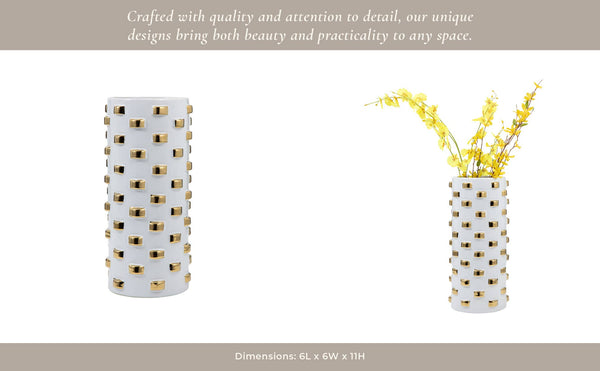 Vase - White/Gold Ceramic Raised Rectangular Stud, 11 in.