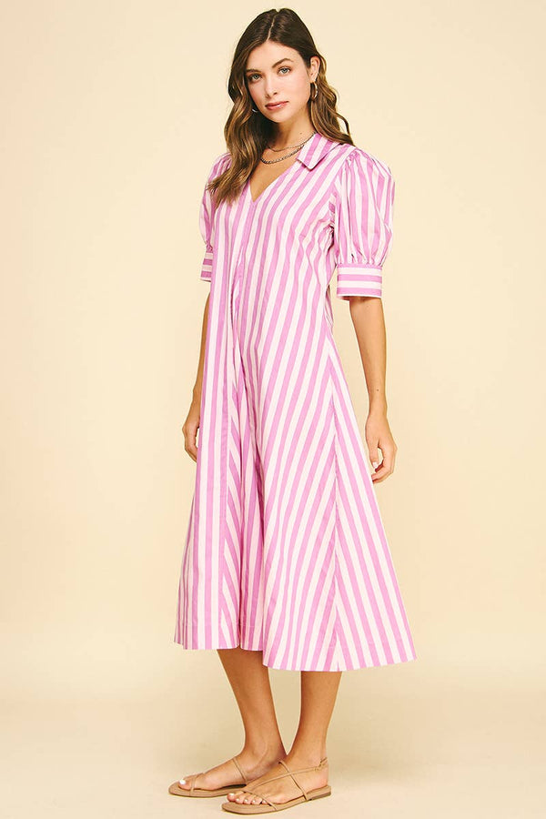 Striped V-neck Midi Dress - Pink/Lavender
