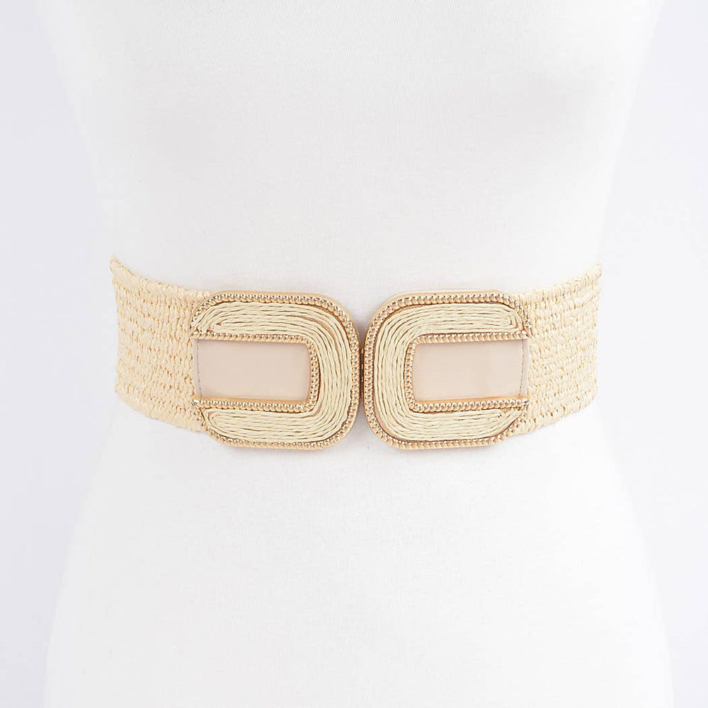 Faux Straw Two Buckles Elastic Belt