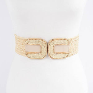 Faux Straw Two Buckles Elastic Belt