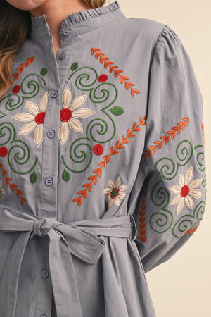 Floral Embroidery Button Up Dress