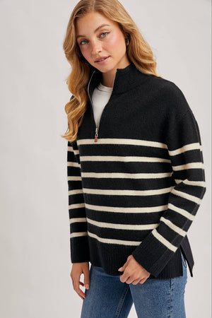 Black/White Quarter Zip UP Striped Pullover