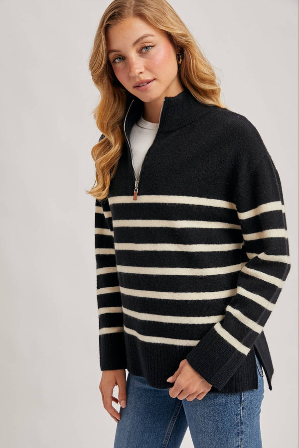 Black/White Quarter Zip UP Striped Pullover